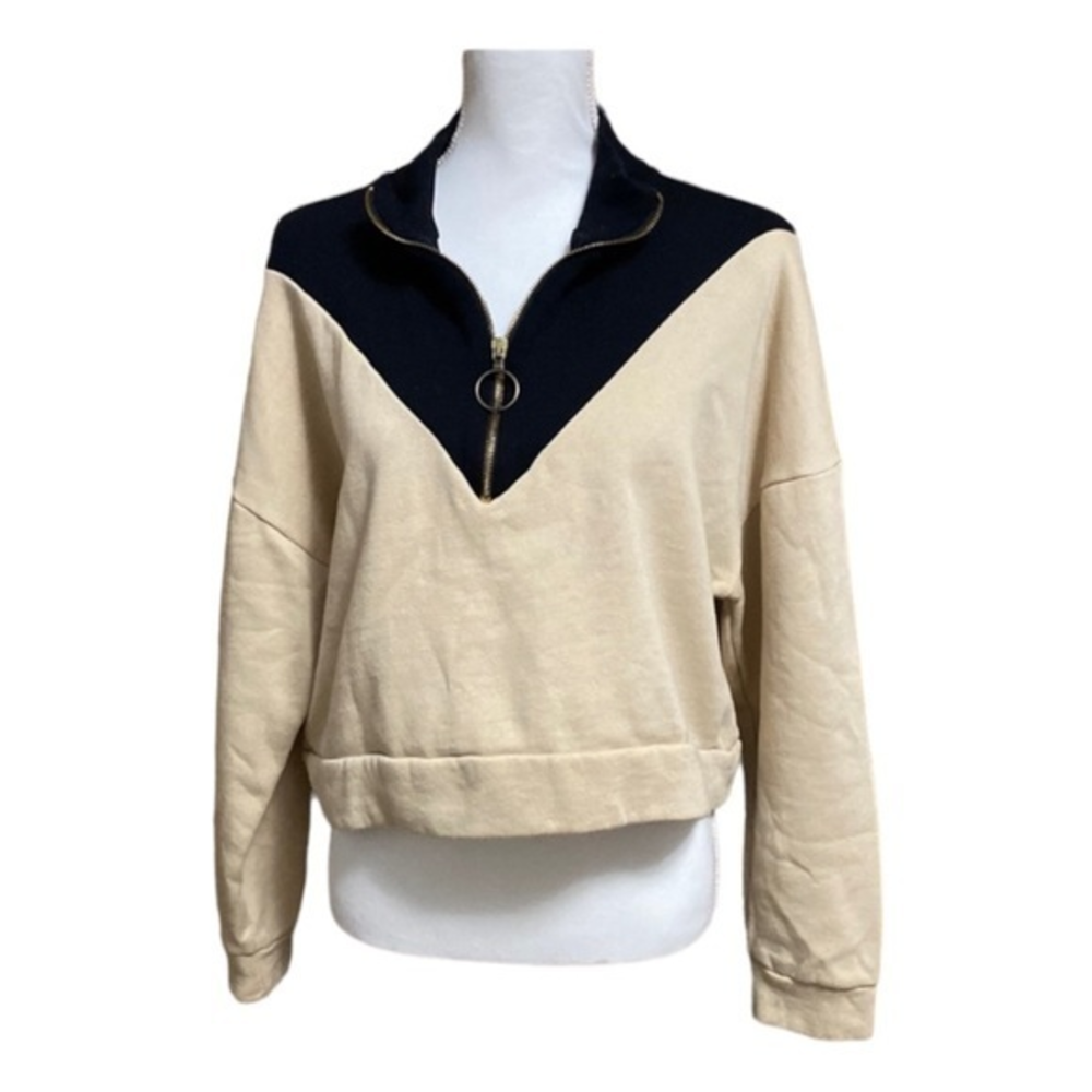 Zara Women's Small Cropped Half Zip Sweatshirt Collared Beige Black Colorblock‎